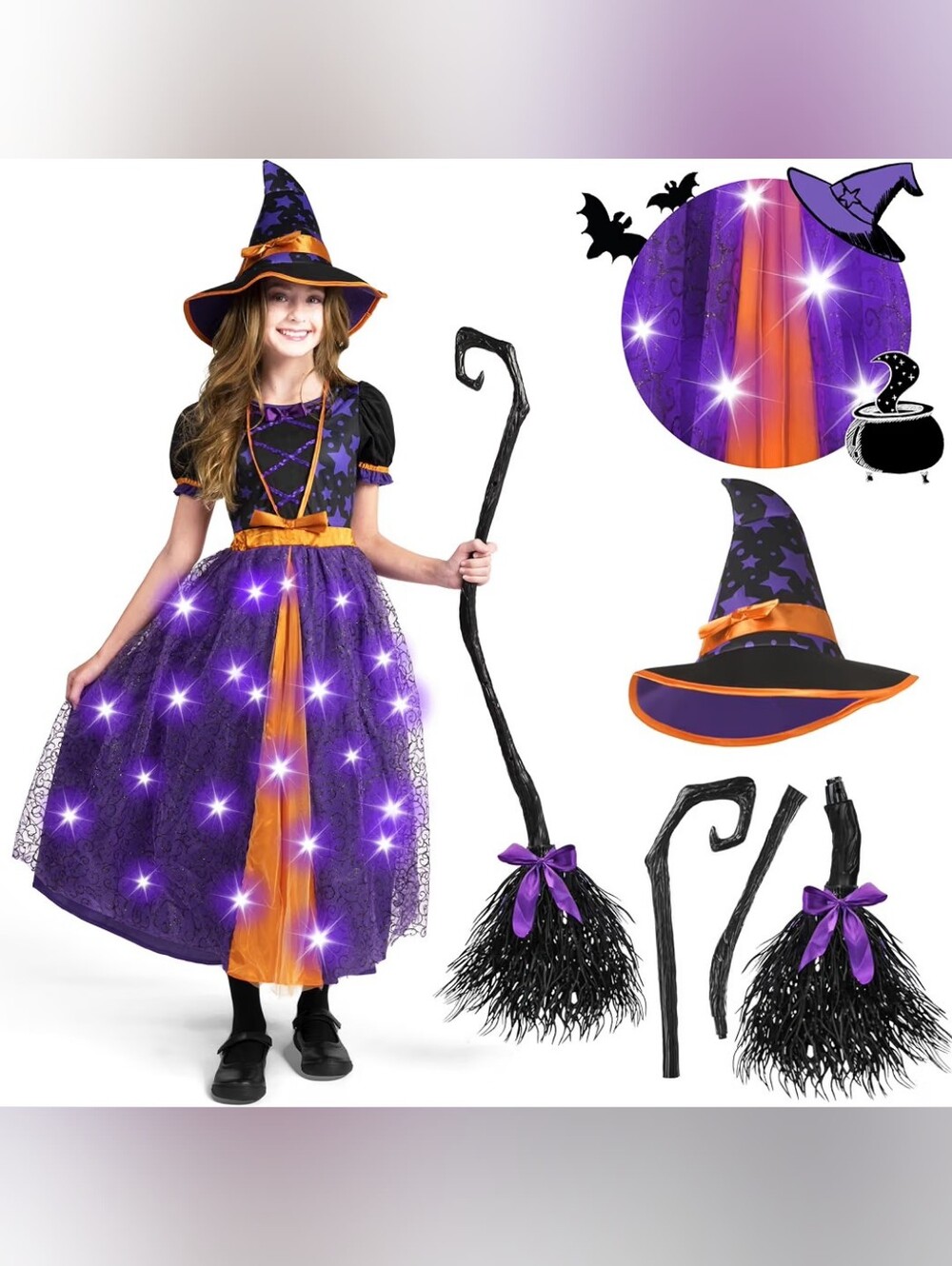 Girls Purple/Orange Witch Costume Dress Hat Broom Role Play Halloween 3T